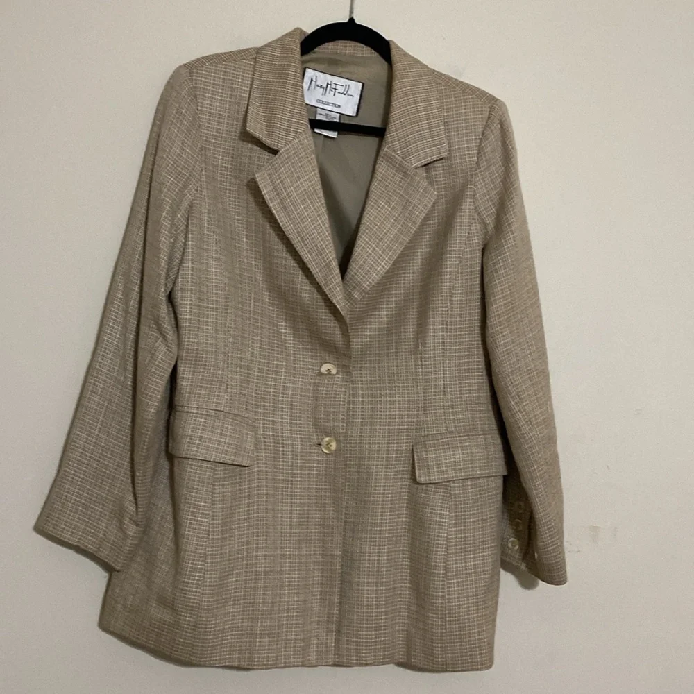 Mary Mc Fidden Women's Beige Checkered Blazer linen 10 event office retro casual